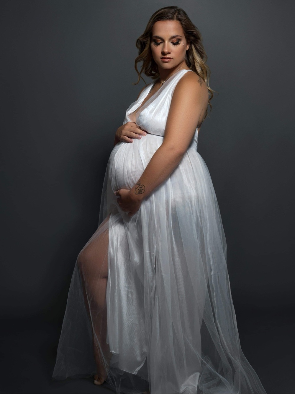 Maternity Sheer High-Slit Gown in White - Elegant Pregnancy Dress
